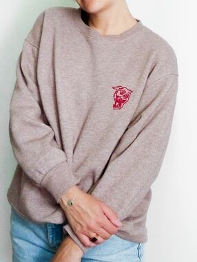 Crewneck Sweater with Linocut Red Tiger Print